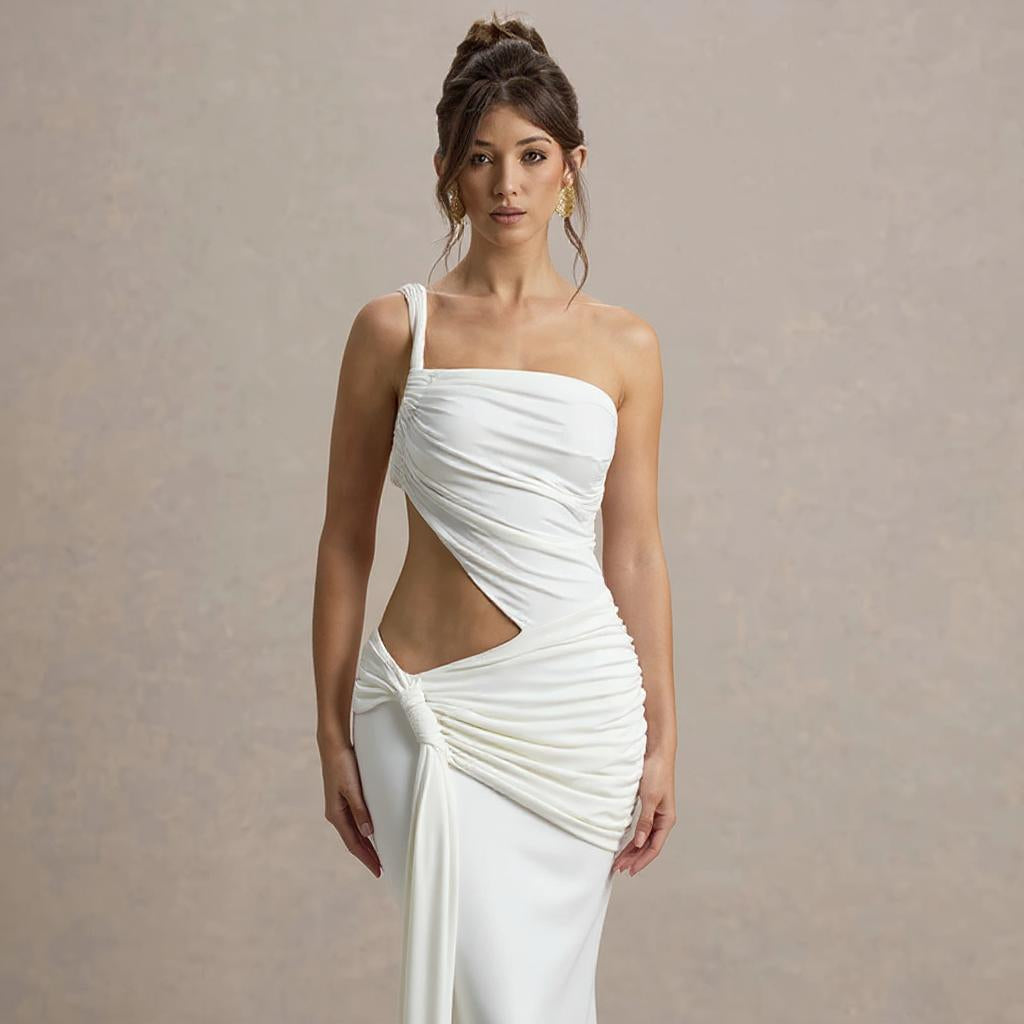 White One-Shoulder Ruched Maxi Dress