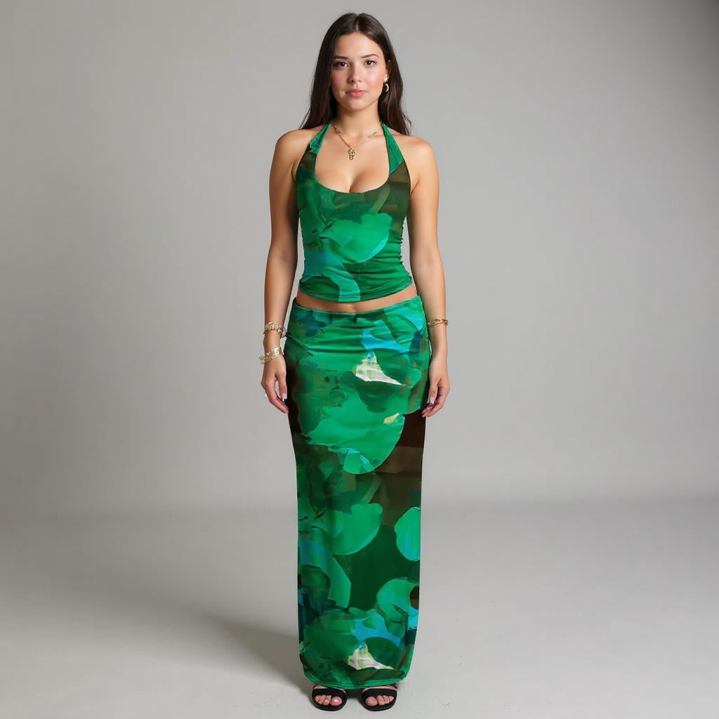 Green Printed Halter Top With Skirt Co-Ord Set