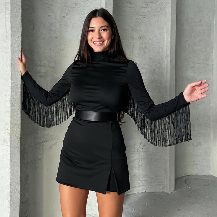 Black Fringe-Sleeve Dress