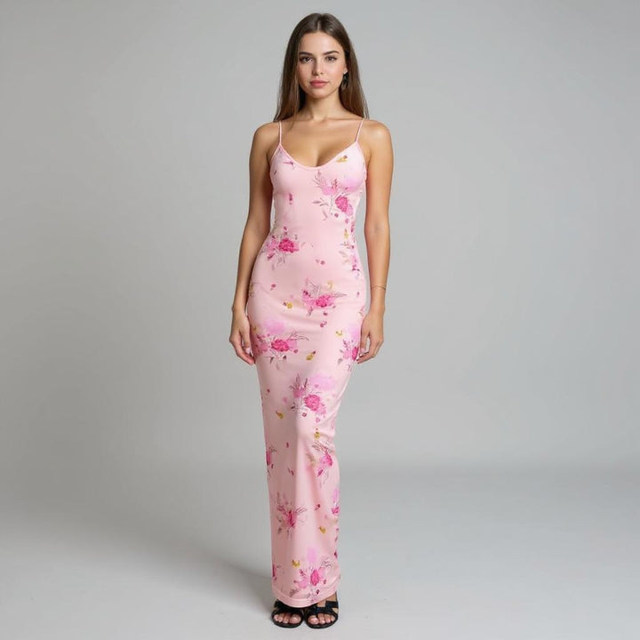 Pink Spaghetti Strap Floral Printed Bodycon Dress