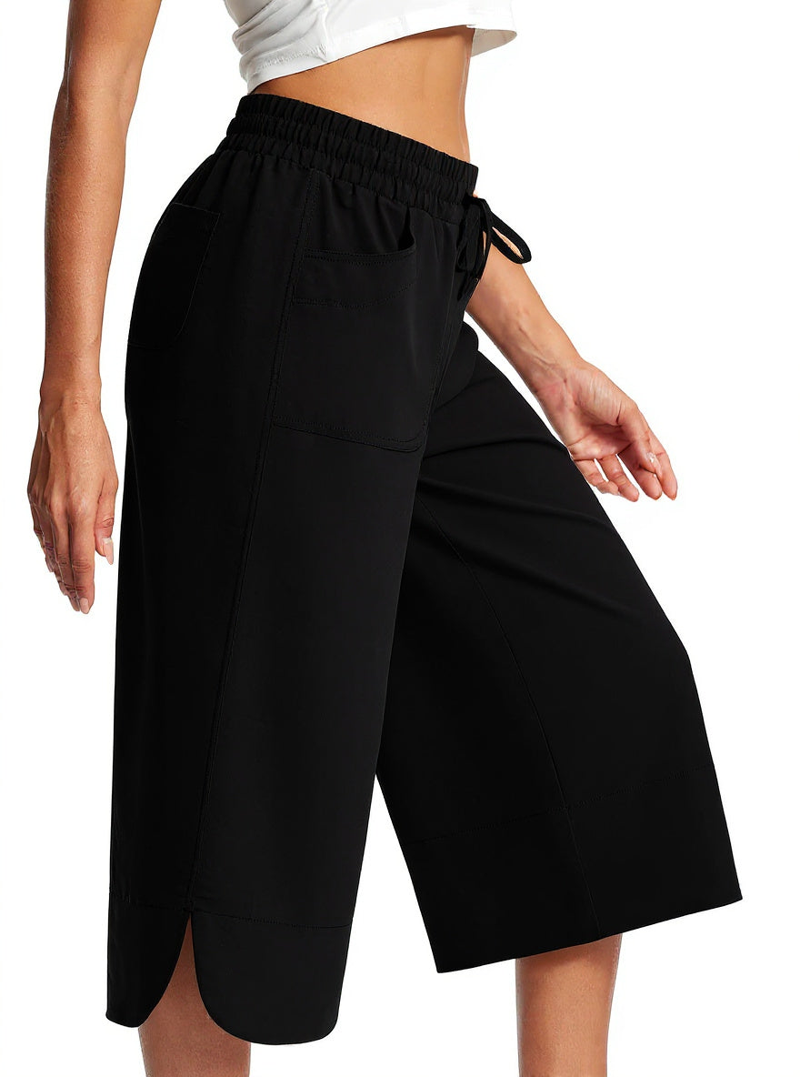 Black Wide Leg Calf Length Trouser