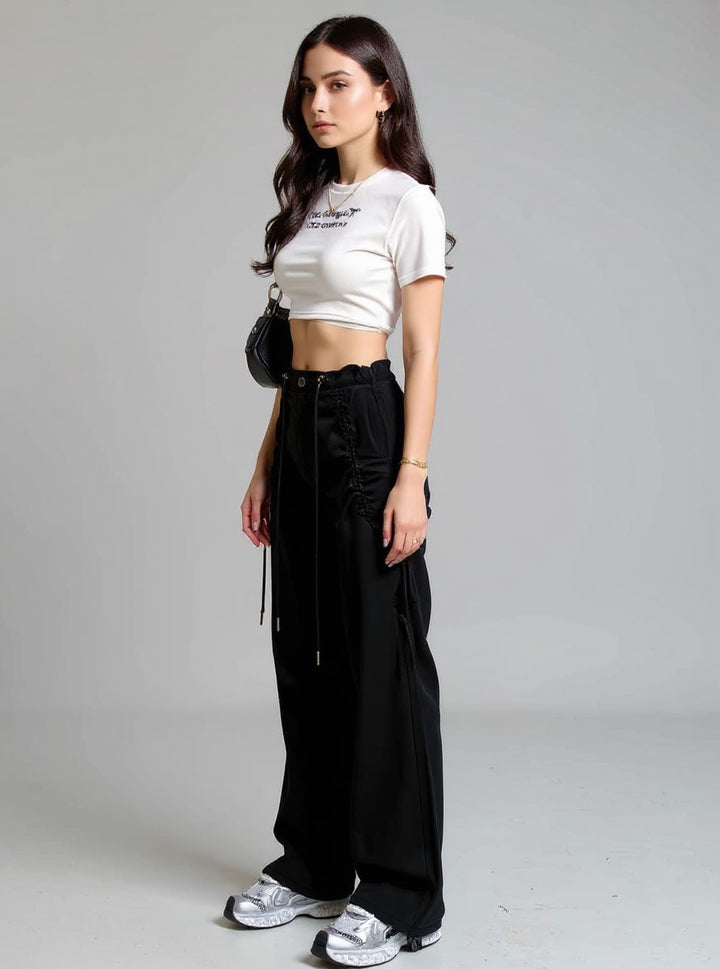 Black Wide Leg Drawstring Parachute Pants