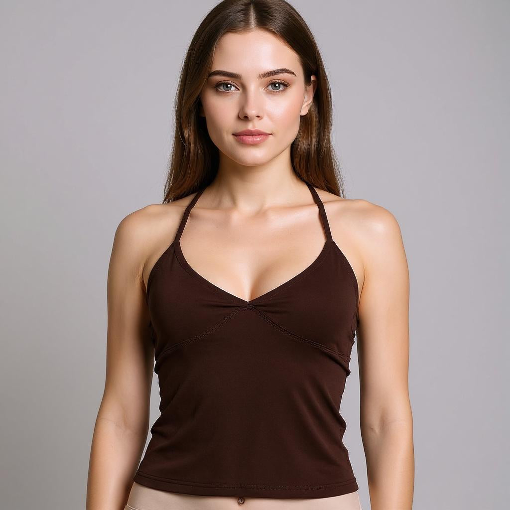 Brown Plunge Cropped Halter Top