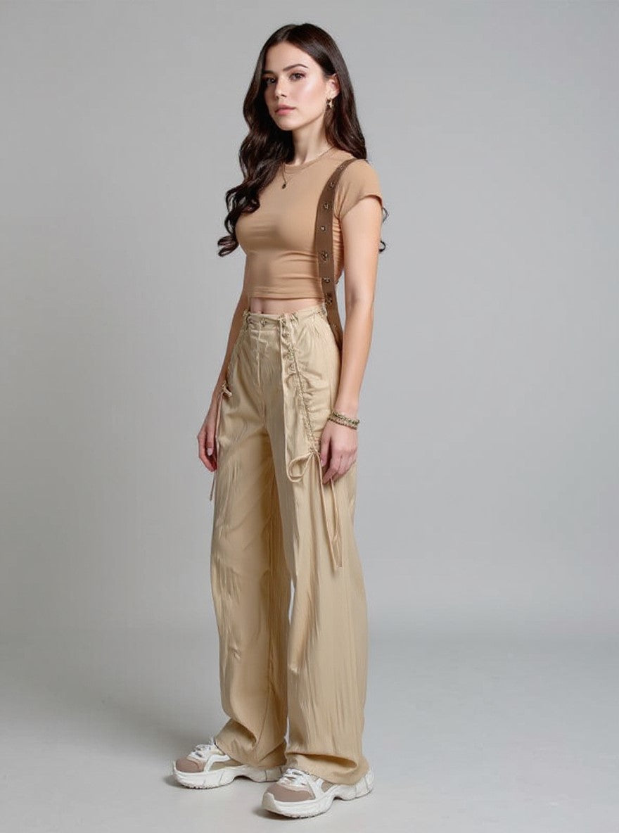 Beige Wide Leg Drawstring Parachute Pants