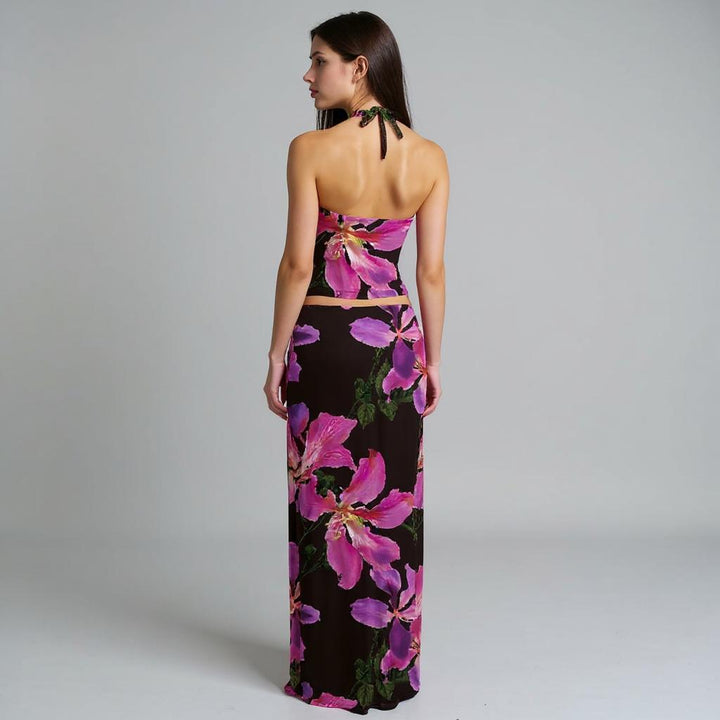Black Printed Halter Top With Skirt Co-Ord Set