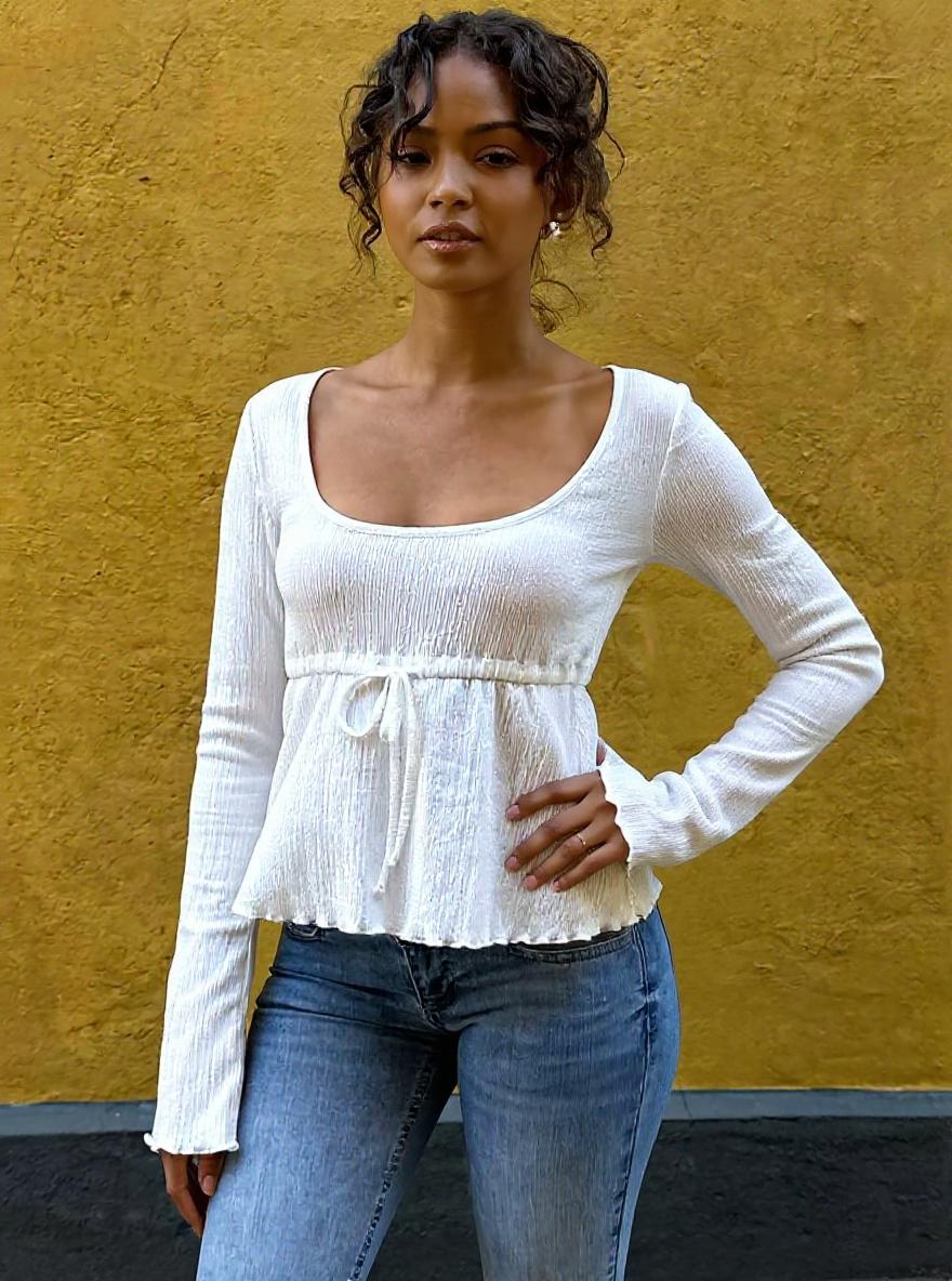 White Deep Round Neck Peplum Top With Full Sleeves
