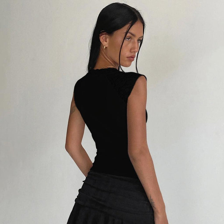 Black Satin Tie-Front Lace Sleeveless