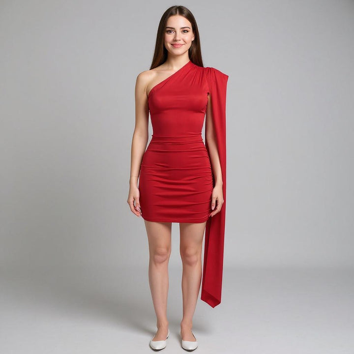 Red One-Shoulder Draped Evening Dress