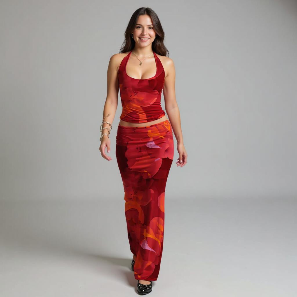 Red Printed Halter Top With Skirt Co-Ord Set