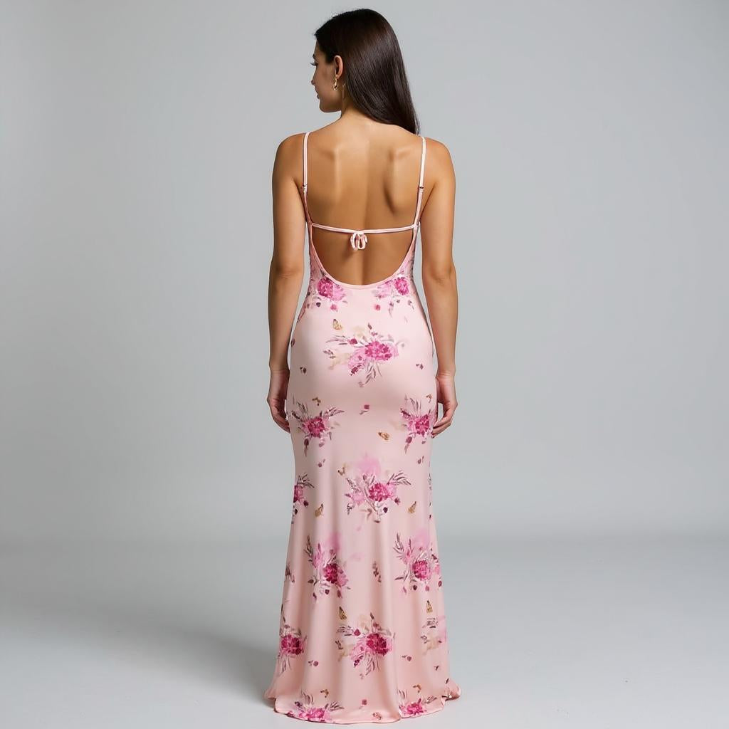 Pink Spaghetti Strap Floral Printed Bodycon Dress