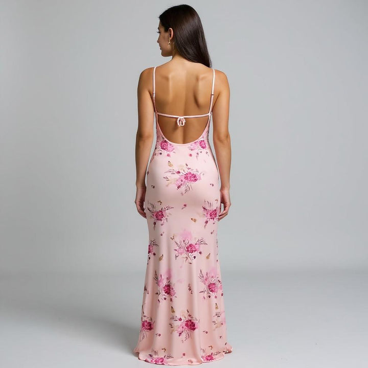 Pink Spaghetti Strap Floral Printed Bodycon Dress