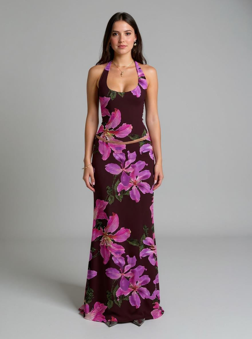 Black Printed Halter Top With Skirt Co-Ord Set