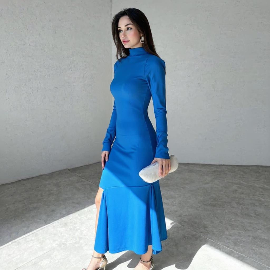 Blue High-Neck Dress With Slit