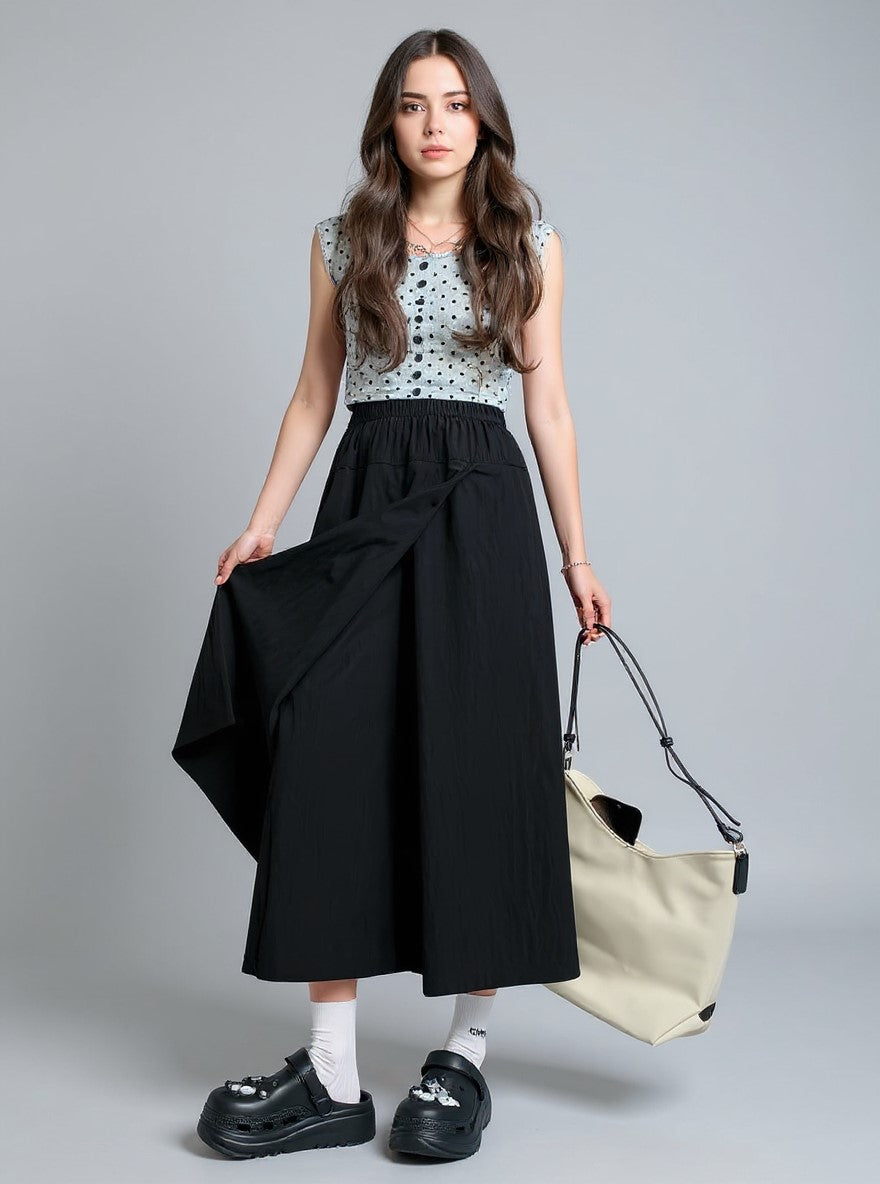 Black Elasticated Wrap Skirt-Pant