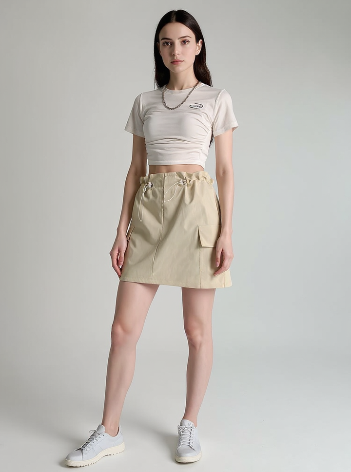 Beige Drawstring Cargo Skirt