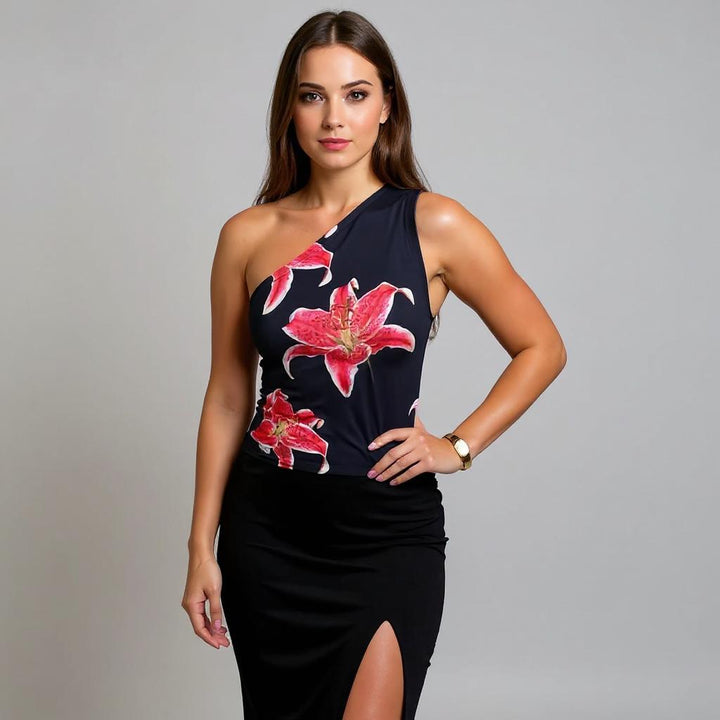 Black One Shoulder Floral Print Top