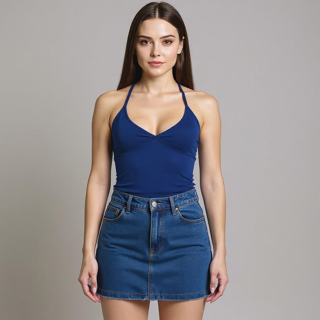 Blue Plunge Cropped Halter Top