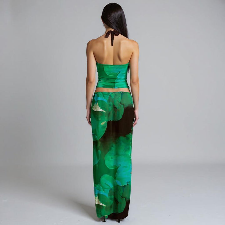 Green Printed Halter Top With Skirt Co-Ord Set