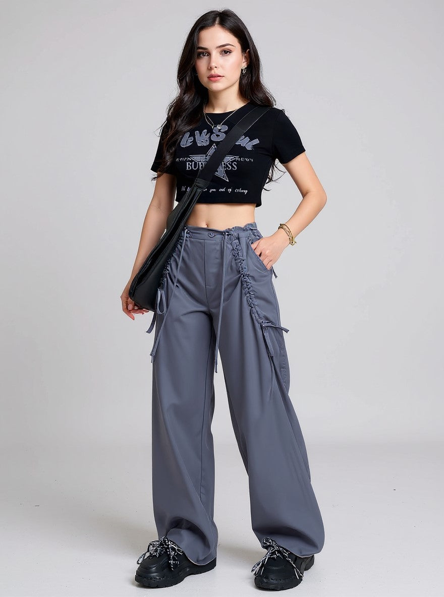 Charcoal Wide Leg Drawstring Parachute Pants