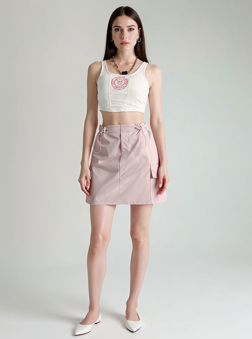 Pink Drawstring Cargo Skirt