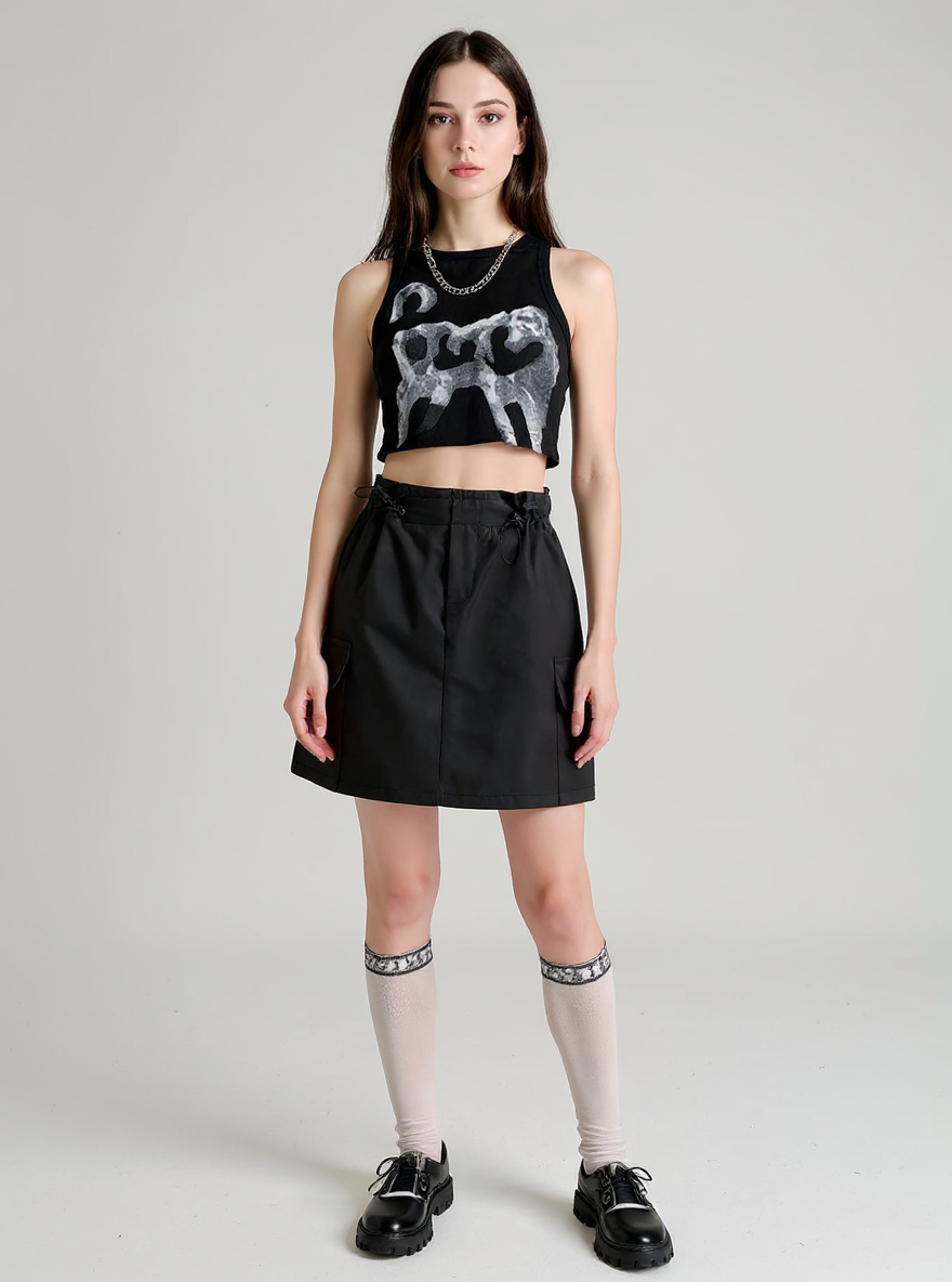 Black Drawstring Cargo Skirt