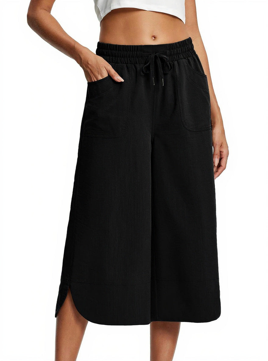 Black Wide Leg Calf Length Trouser