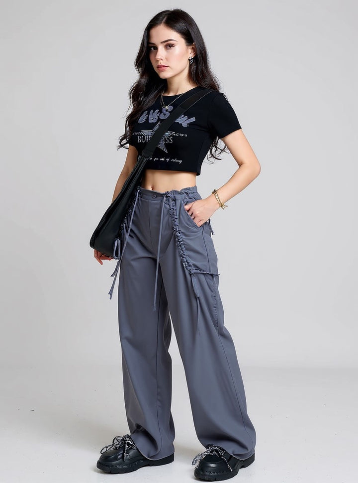 Charcoal Wide Leg Drawstring Parachute Pants