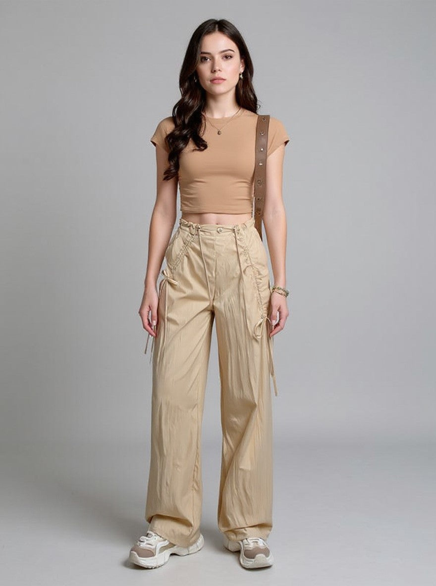 Beige Wide Leg Drawstring Parachute Pants