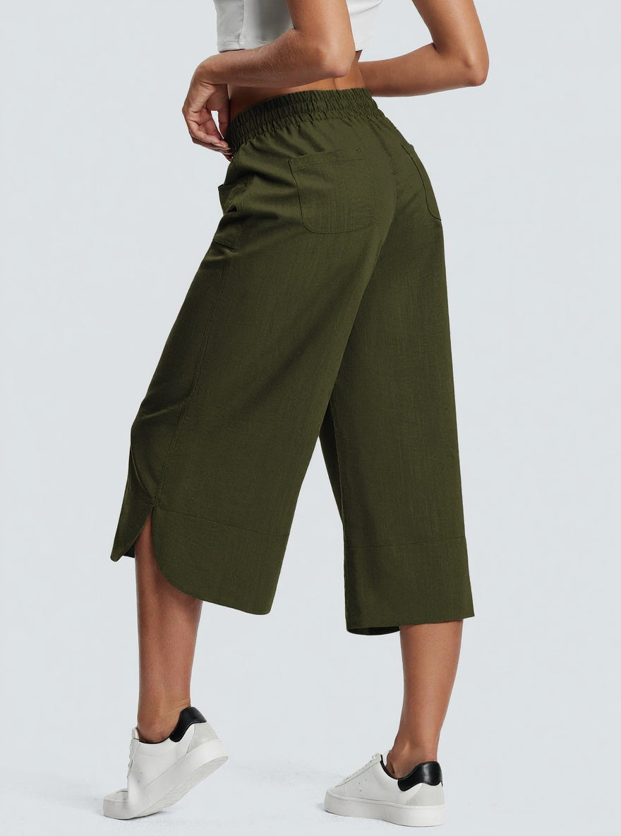 Green Wide Leg Calf Length Trouser
