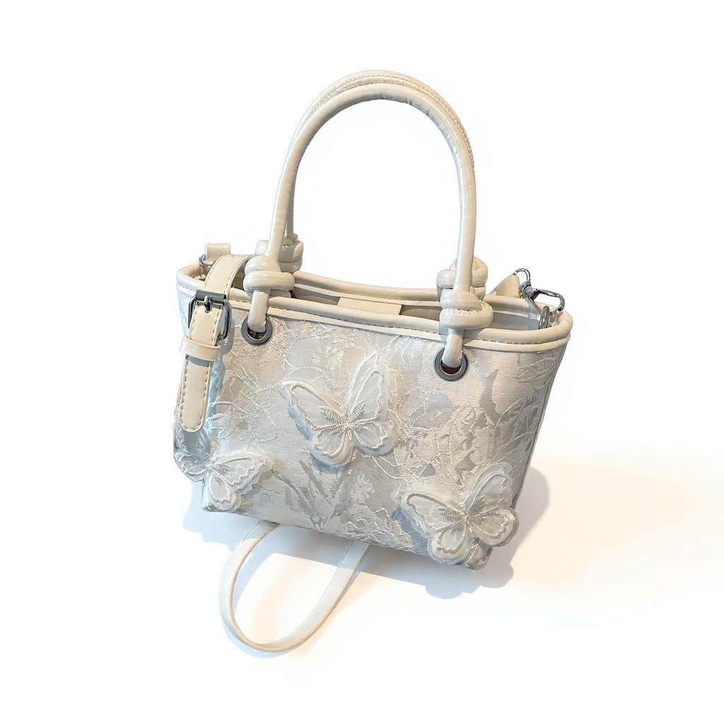 White Butterfly Embossed Hand Bag