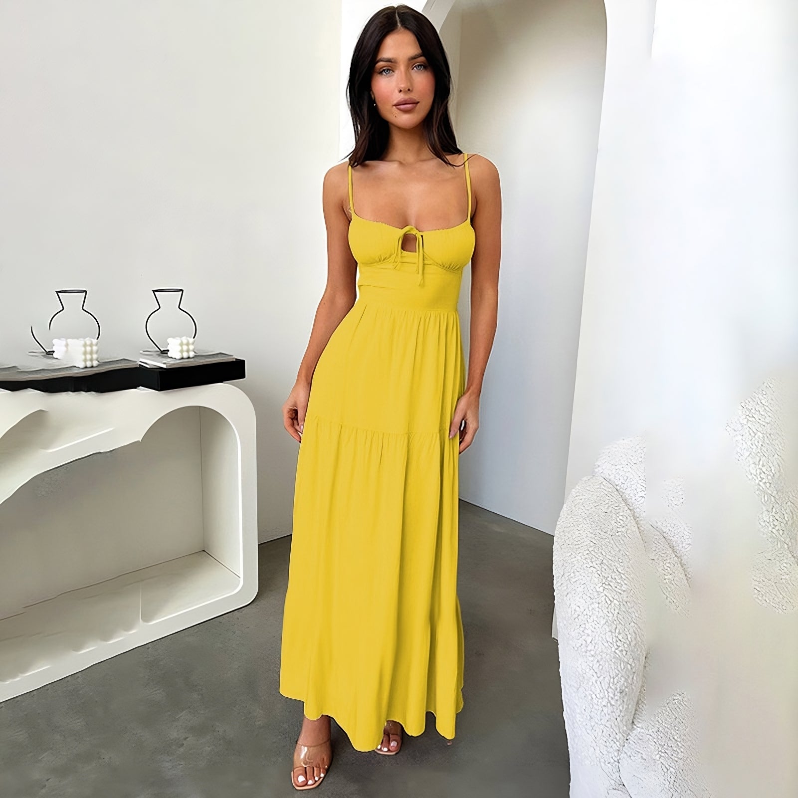 Yellow  Bust Gathering Back Tie Up Flared Dress